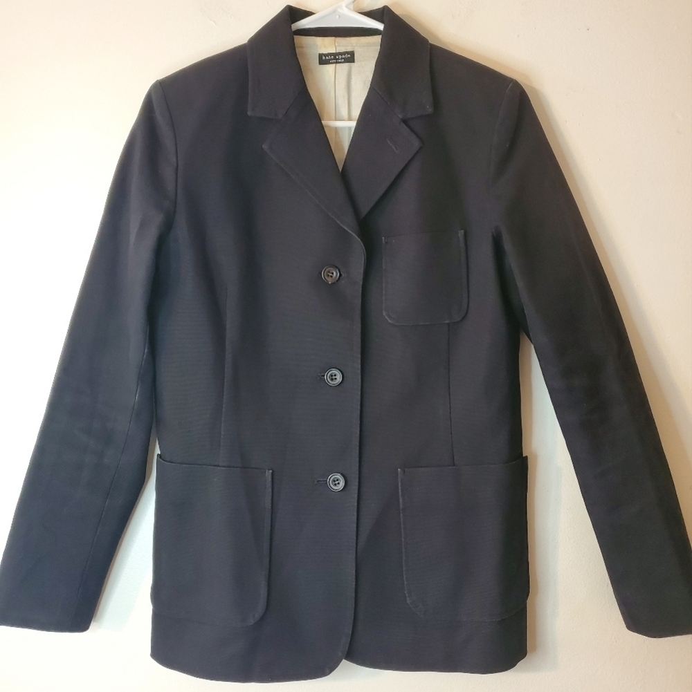 Kate Spade 3 Button Cotton Blazer Over Coat Size 2 Black Timeless Classy Chic